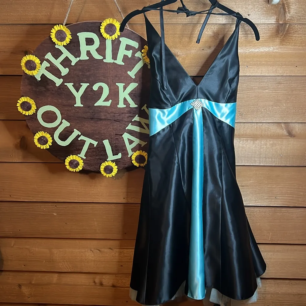 Gunne Sax Jessica McClintock Vintage Halter Backless Tie Black Blue Teal Y2K Zip - Image 3