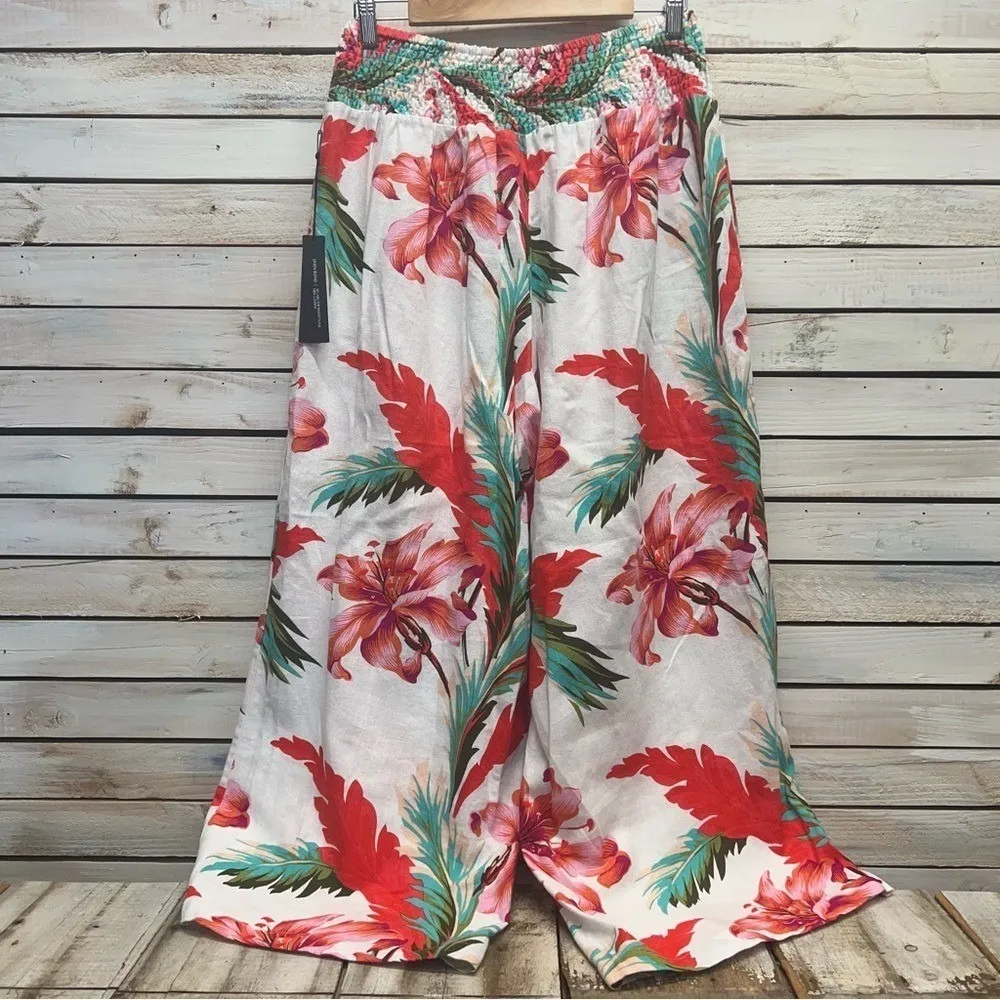 Tahari Linen Blend Wide Leg Floral Pants Smocked Waist Resort Trousers XL - Image 5