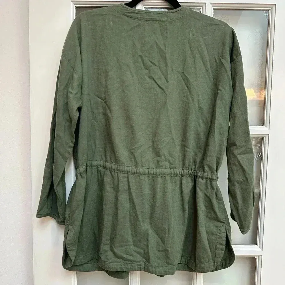Eileen Fisher Olive Army Green Organic Cotton Drawstring Outwear Jacket Size XS - Image 4