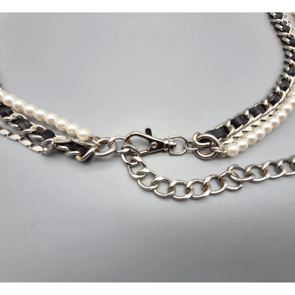 Great Multi Chain & Faux Pearl Silver Tone Adjustable Belt Faux Leather 37-50 in - Image 3