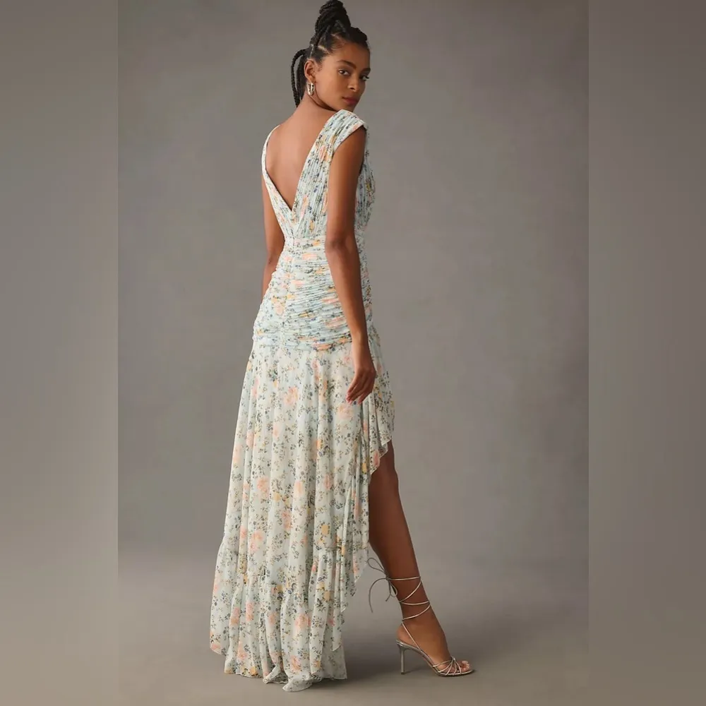 IEENA For MAC DUGGAL Floral Print Ruched Cap Sleeve High Low Gown 6 - Image 9