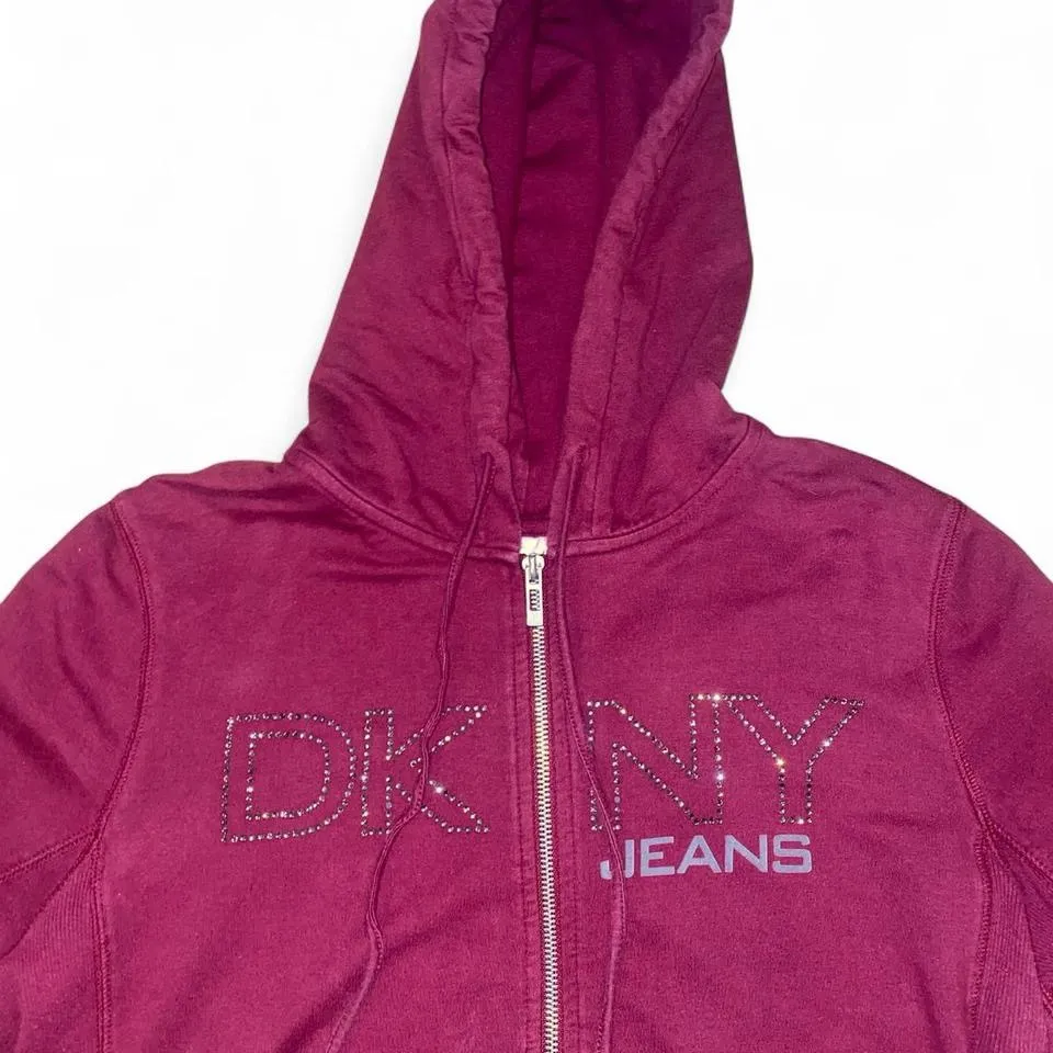 DKNY burgundy zip up hoodie with rhinestone logo - Image 3