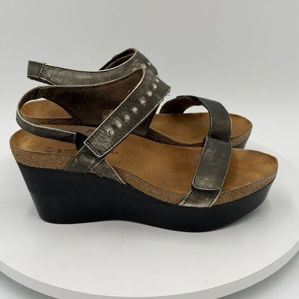 Naot Shoe Prodigy Wedge Sandals Womens 7 Leather Gold Rhinestone Platform Heels - Image 2