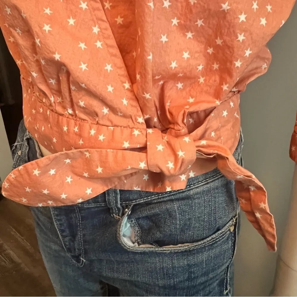 Madewell Star Peach Coral Cotton Wrap Button Tie Waist Cottage Top Blouse XXS - Image 5