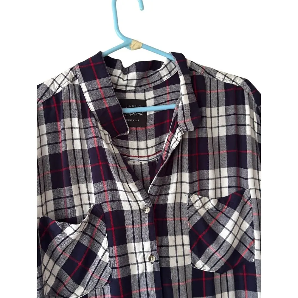 Jachs Girlfriend Red Grey Button Up Plaid Shirt Cap Sleeve Top Front Pockets XL - Image 7