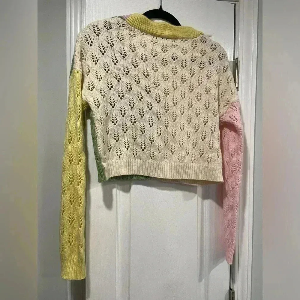 Cotton Emporium Cropped Open Knit Color Block V Neck Button Cardigan Size M - Image 5