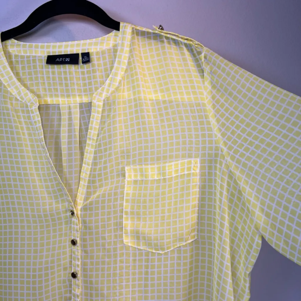 APT 9 Womens V-Neck Half Button Up Popover Blouse Top Yellow White Grid Sheer XL - Image 10