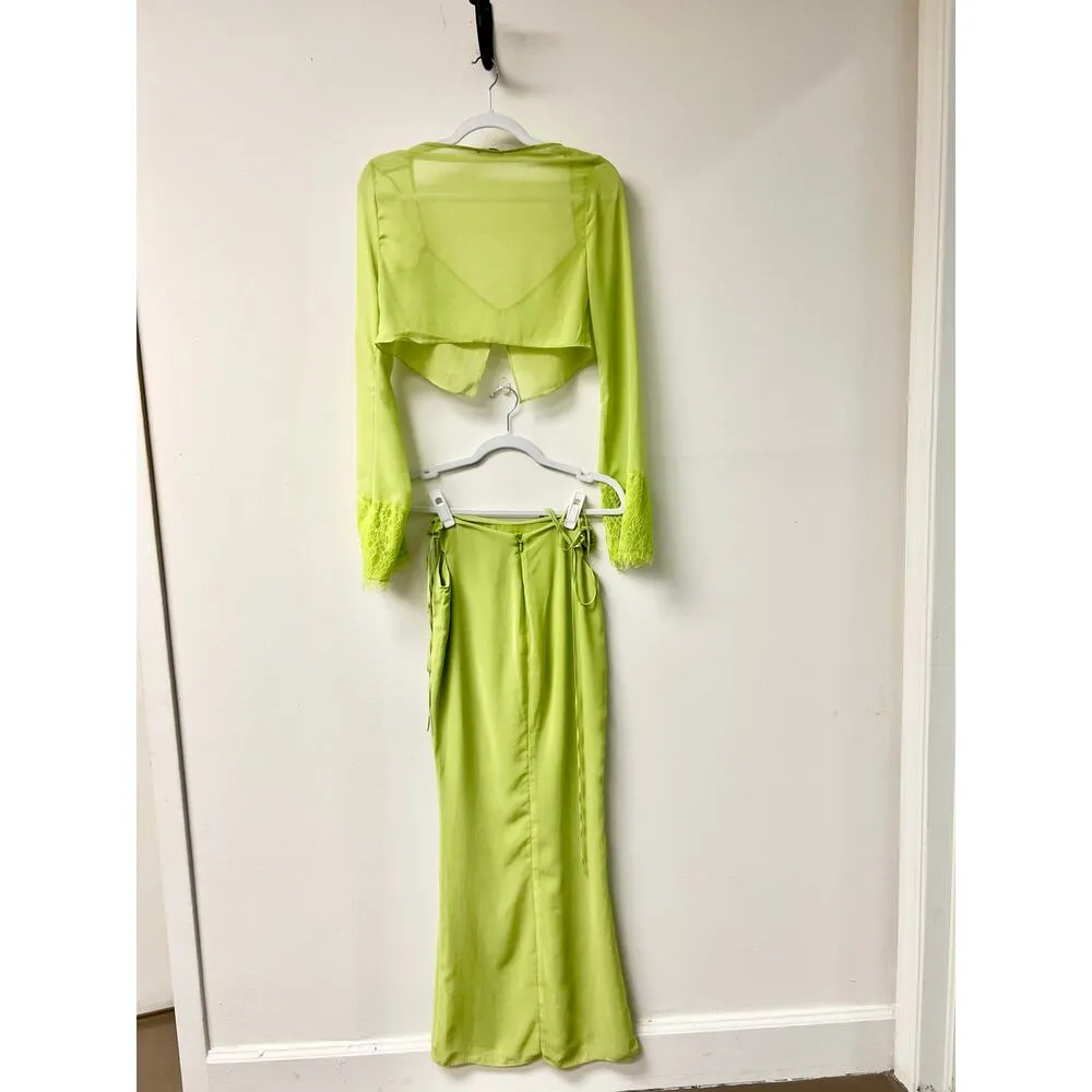 House of CB Tara Georgette Cropped Top & Madeline Maxi Skirt Lime Green Set XS - Image 6