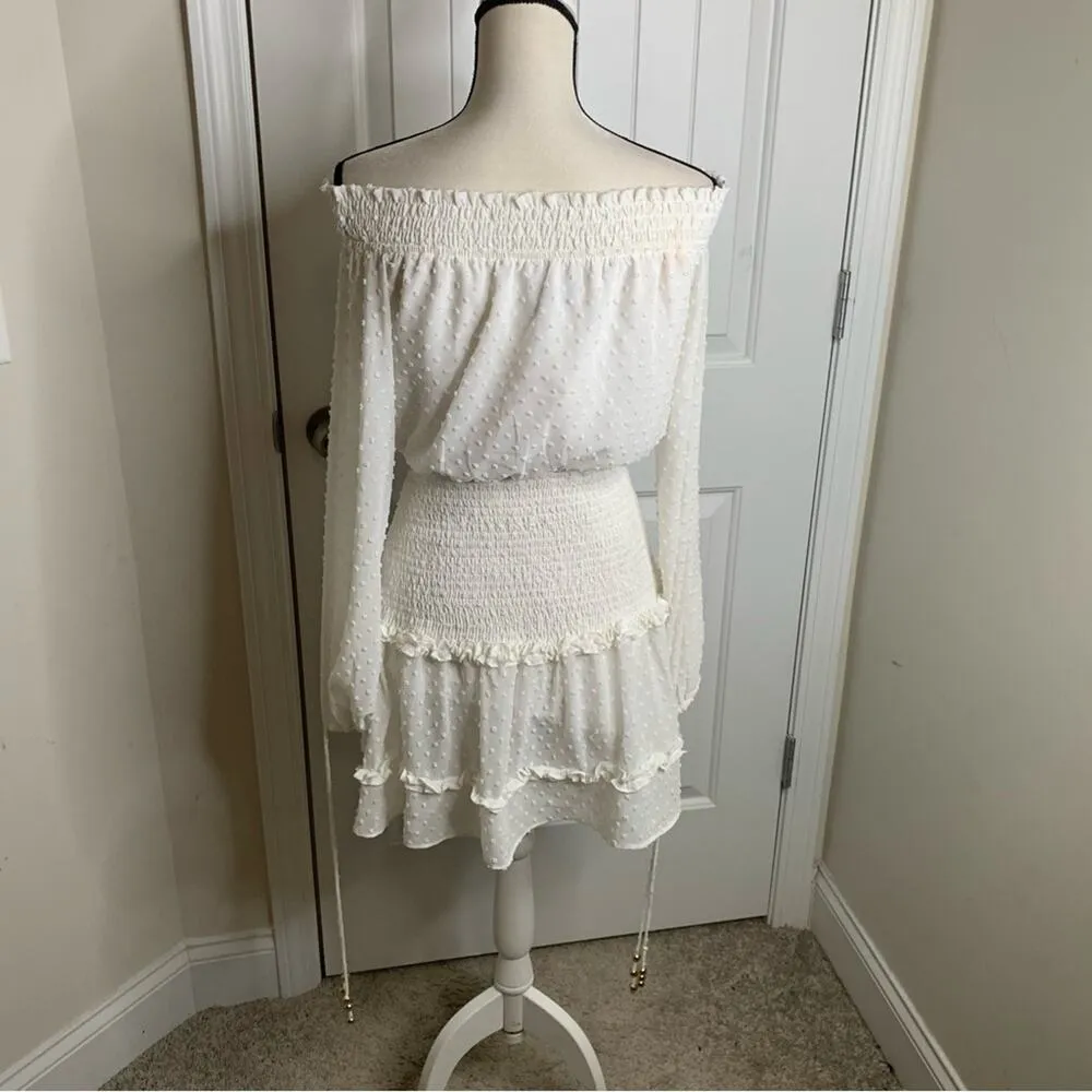 Sabo‎ skirt white tiered bardot swiss dot ruffle long sleeves dress size small - Image 5