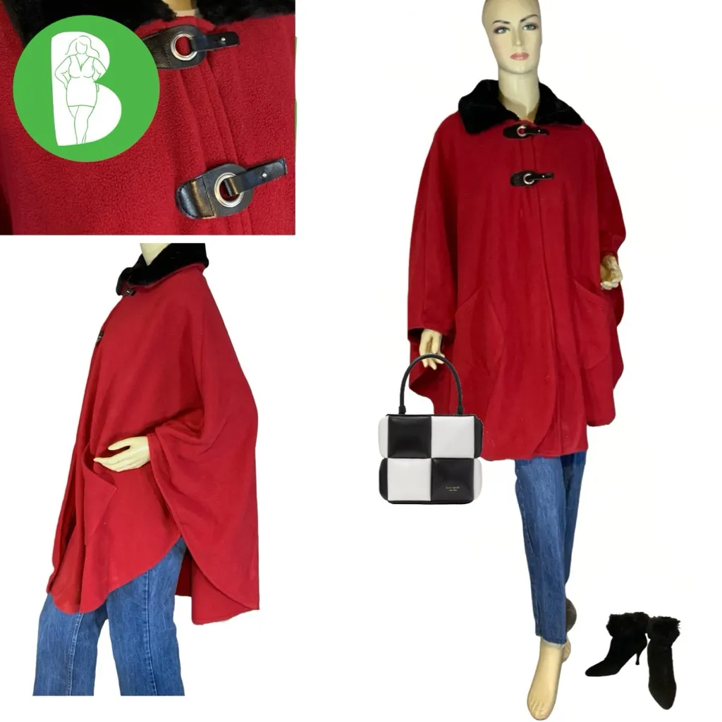 LE MODA RED FLEECE W/BLACK FAUX FUR COLLAR PONCHO (OSFM) Black Size undefined - Image 2