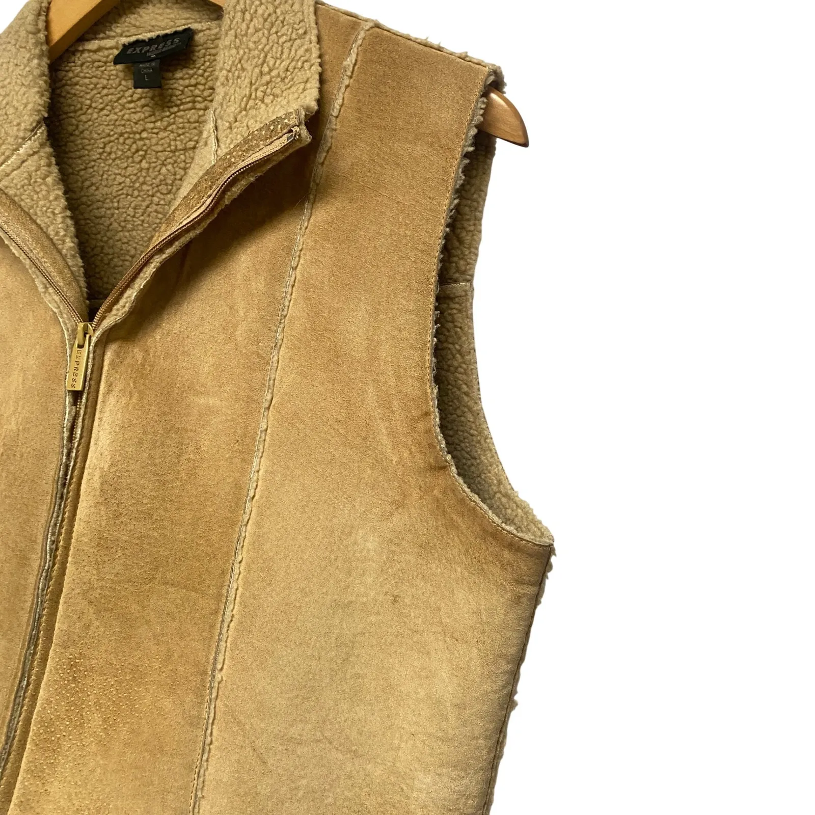 Vintage Y2K EXPRESS Suede Sherpa Lined Zip Vest Tan Brown Women's Size L Capsule - Image 7