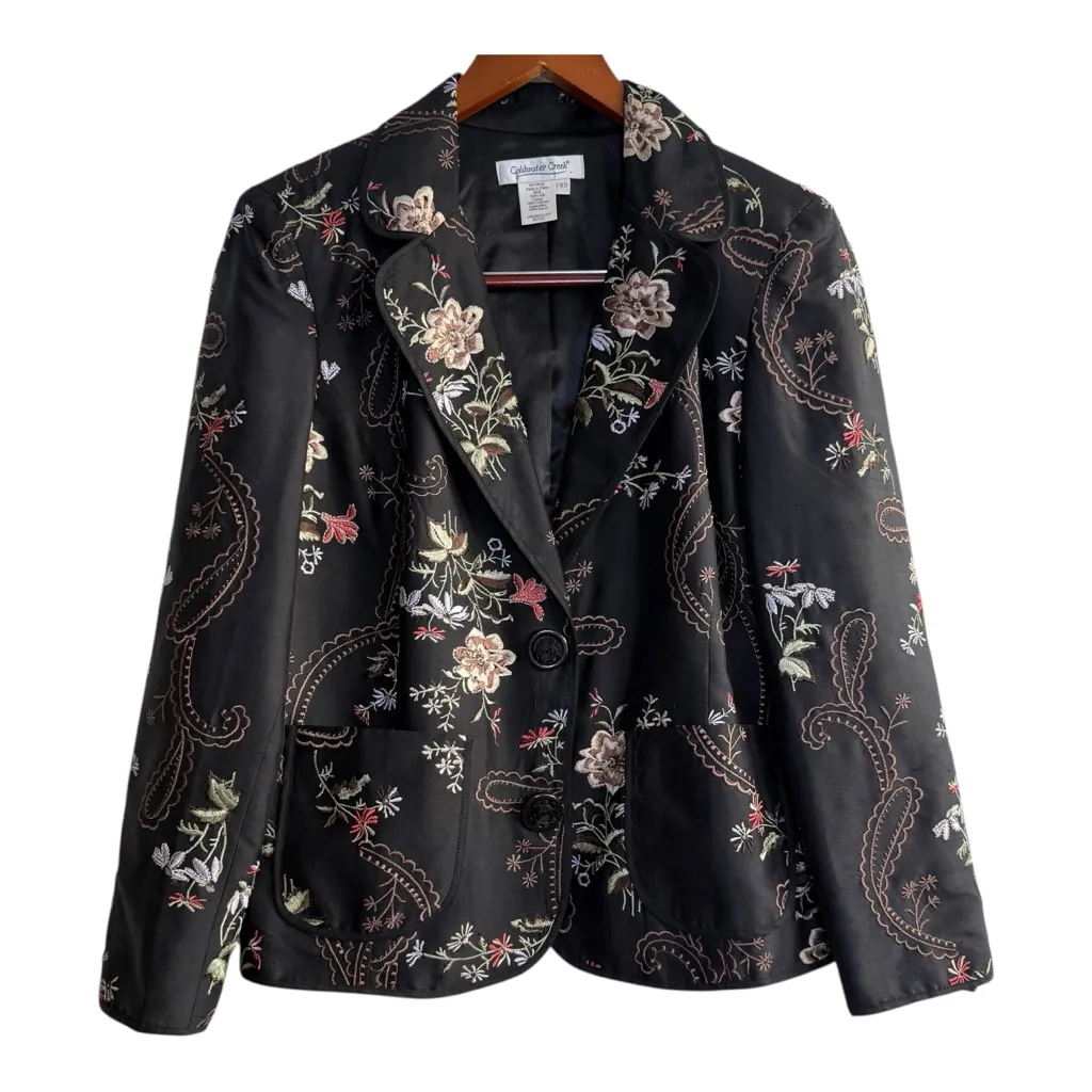 Coldwater Creek Silk Floral Embroidered Blazer Jacket Black Cottagecore M - Image 3