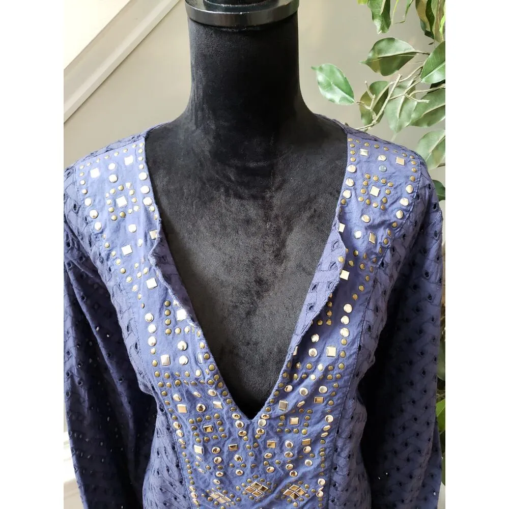Denim 24/7 Tunic Top Women 24W Navy Blue Eyelet Embellished Boho Festival Chic - Image 5
