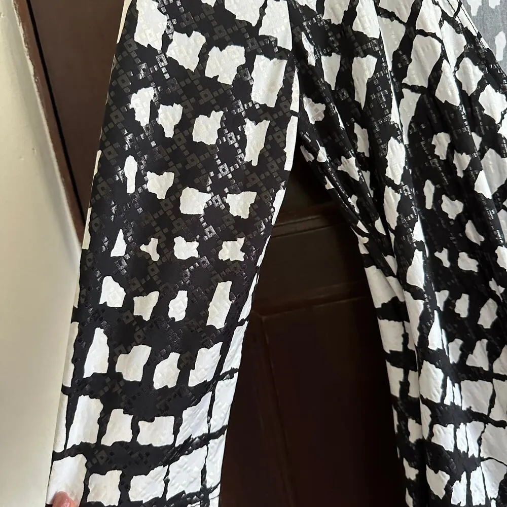 JOSEPH RIBKOFF | Black and White Graphic Faux Wrap Ruched Dress | Size 10 - Image 3