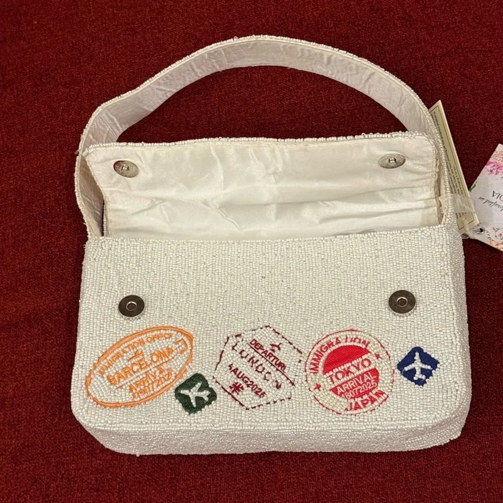 NWT Viral Travel Passport Cities Beaded Bag Made in India Handcrafted Handmade White - Image 4