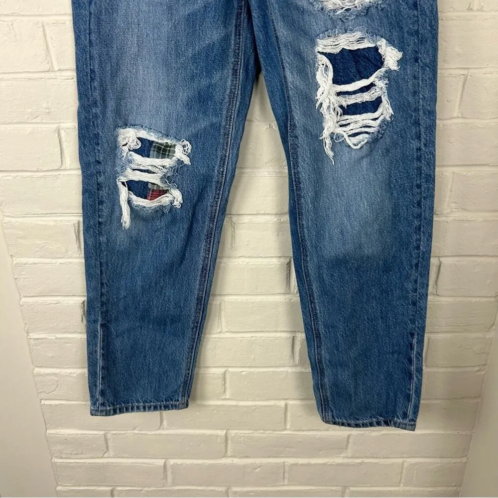 American Eagle Distressed Mom Straight Jean w Plaid Flannel Size 00 - Image 6