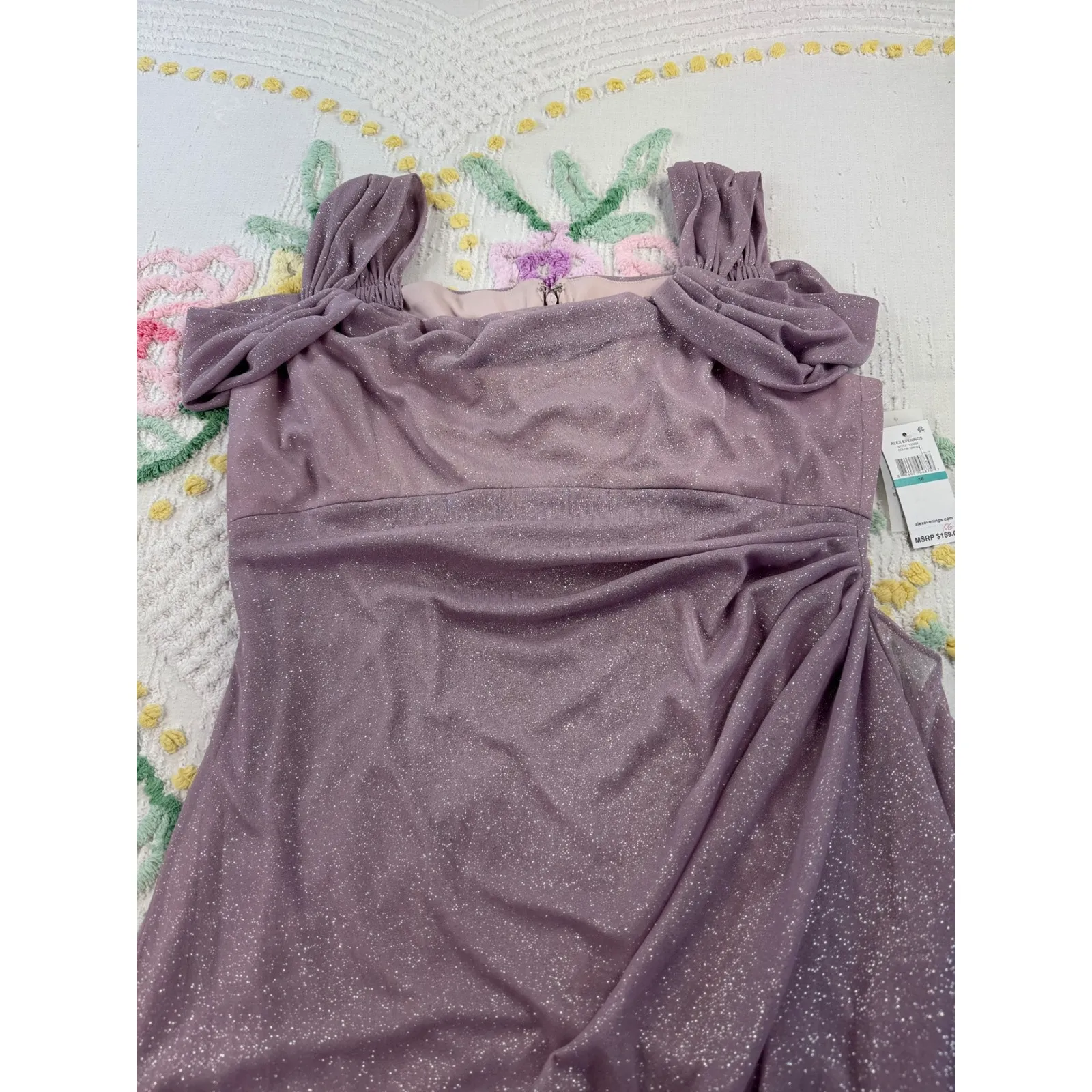 Alex Evenings Mauve Sparkle Ruched Off Shoulder Gown Formal Evening Dress 16 - Image 4