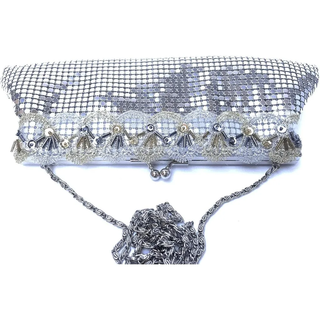 ⚡ Women's Silver Floral Lace Trim Pattern Metal Kiss Lock Evening Clutch Bag - Image 6