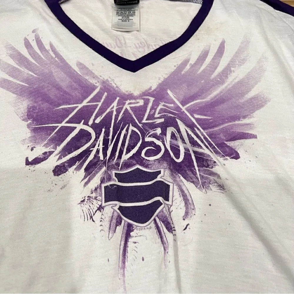 Harley Davidson White and Purple Short Sleeve V Neck Shirt Women’s Small - Image 2