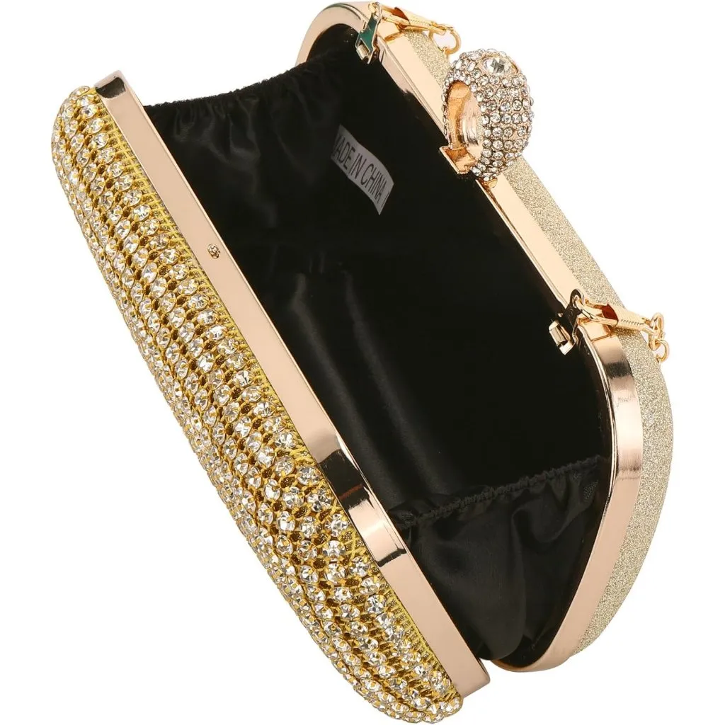 ⚡ Women's Rhinestone Evening Sparkly Glitter Crystal Ring Clasp Gold Clutch Bag - Image 2