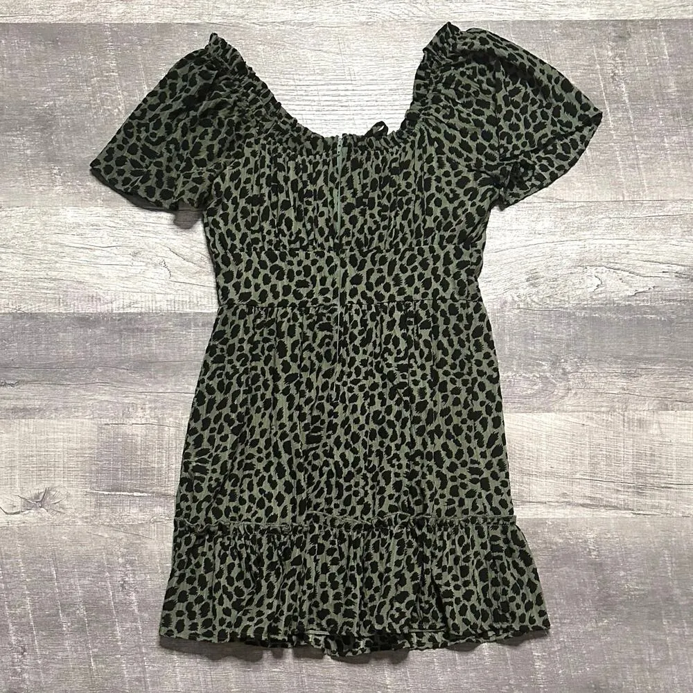 Francescas Mi Ami Green Leopard Print Flounce Mini Dress M Peasant Top Ruffle - Image 8
