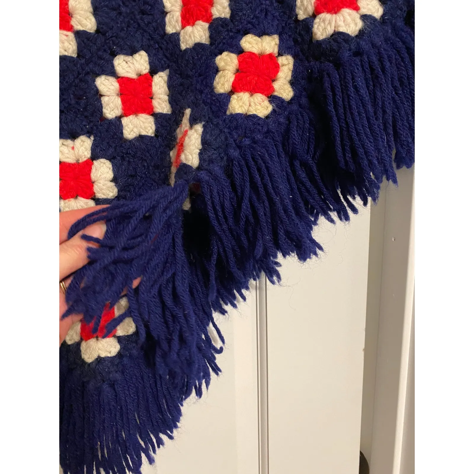 Vintage 70s Crochet Granny Square Floral Fringe Blue Poncho OS Cottagecore Cozy Size undefined - Image 2