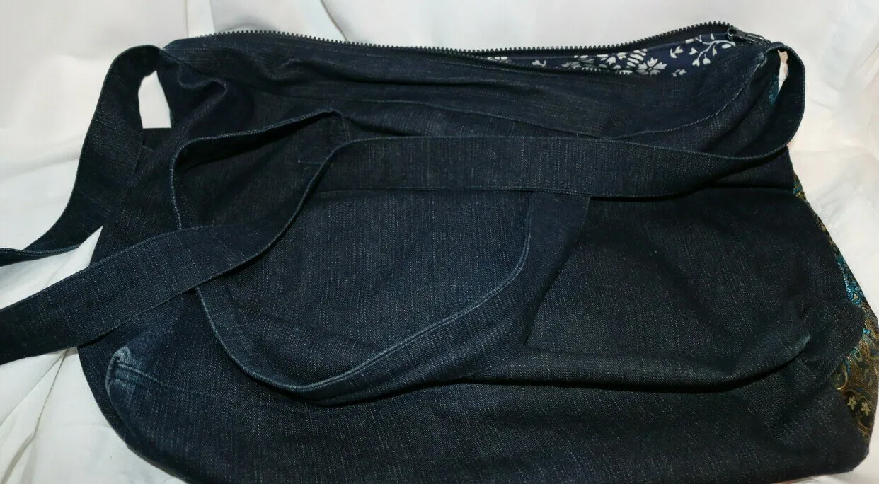 Denim Overnight Messenger Bag Ethnic Embroidery Travel Carry On Weekender Large Tote with Fringes - Image 12