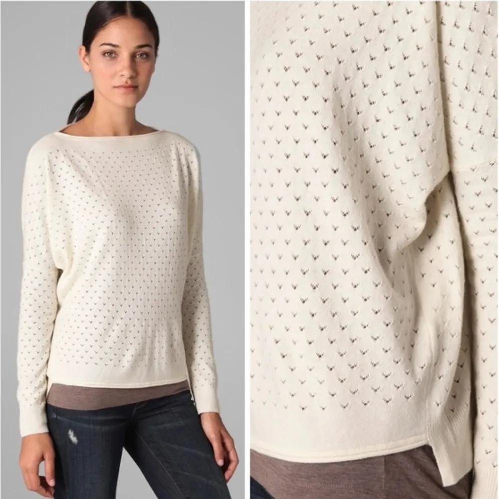 Vince Ivory Pointelle Wool Cashmere Boatneck Drop Sleeve Sweater, Sz S - Image 3