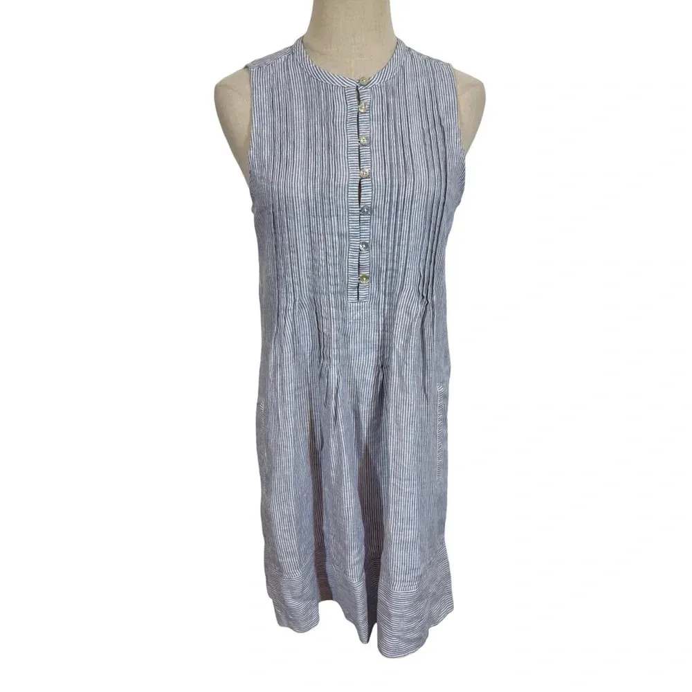 Faherty Isha 100% Linen Dress Blue Mini Stripe Pintuck WDS2119-BMT Bestseller - Image 5
