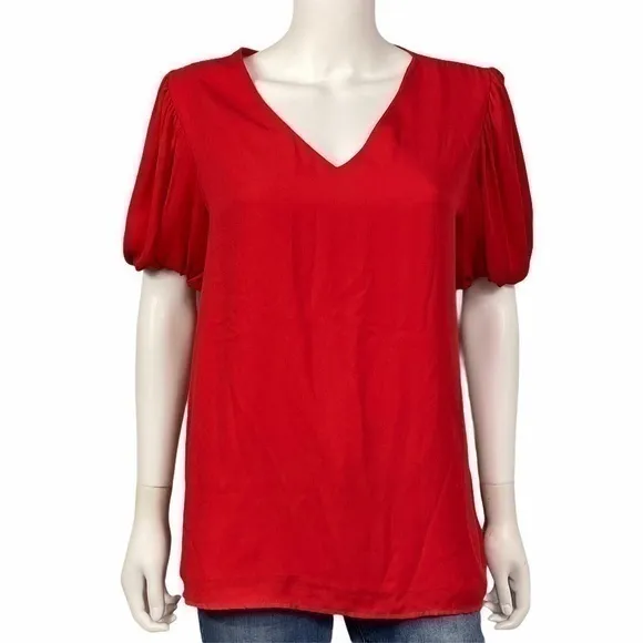Emory Park NEW Red Puff Sleeve V Neck Blouse Short Sleeve Top Size M - Image 2