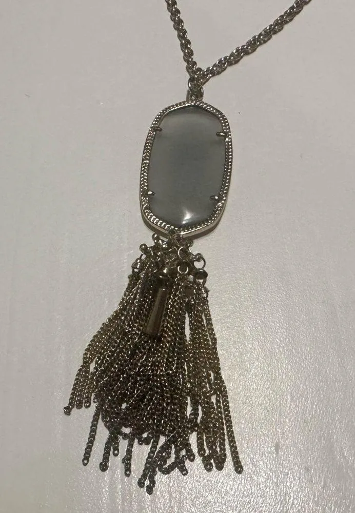 Kendra Scott Rayne Slate Cat’s Eye Pendant Long Gold Fringe Necklace - Image 4