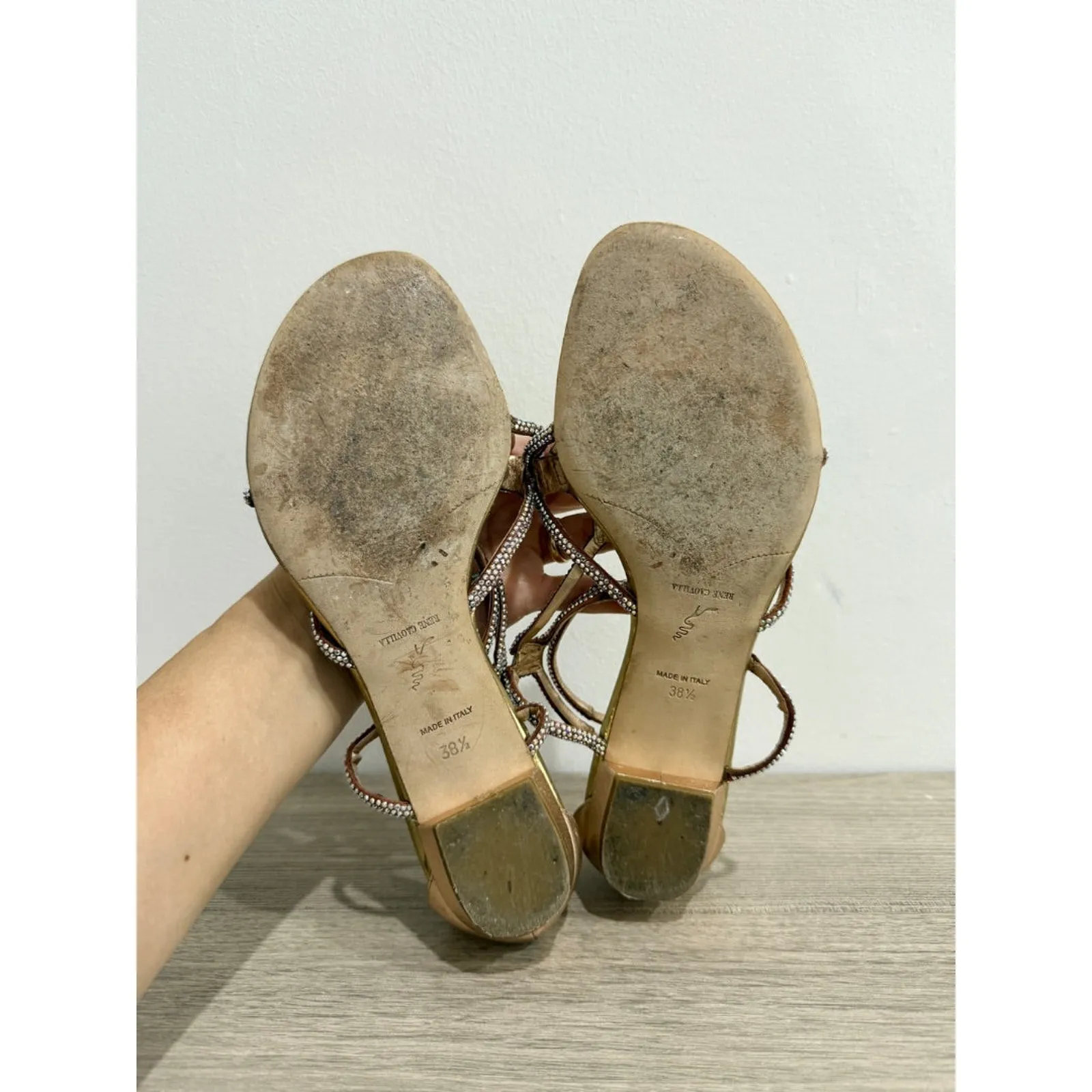 Rene Caovilla Crystal Embellished Flat Strappy Sandals Gold Women's 38.5 / 8.5 - Image 7