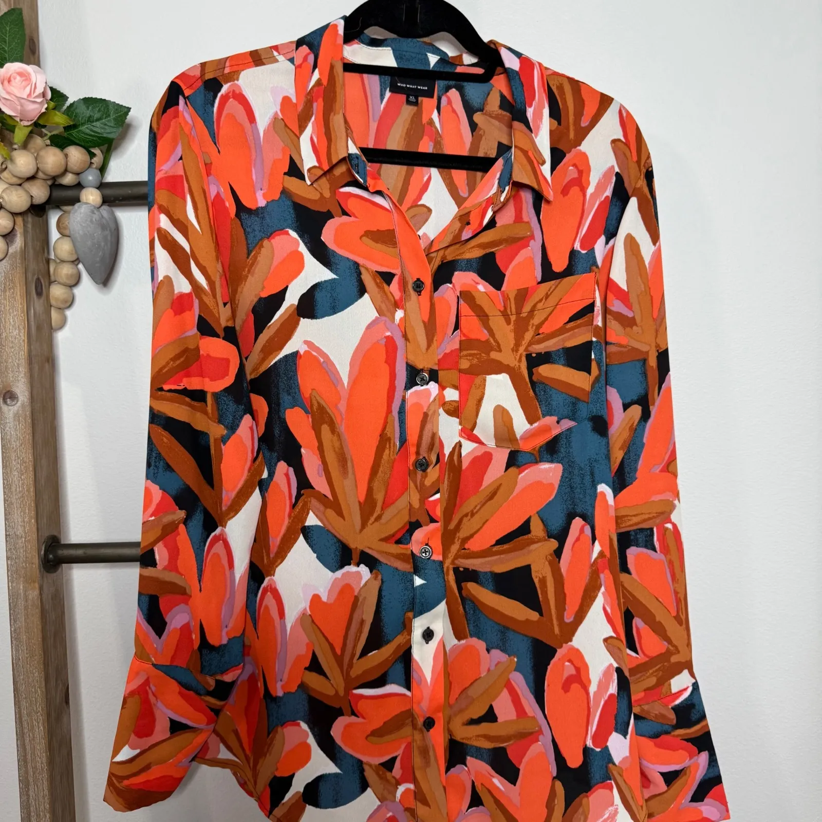 Who What Wear Bold Floral Print Long Sleeve Button Up Shirt Orange Size X Large - Image 3