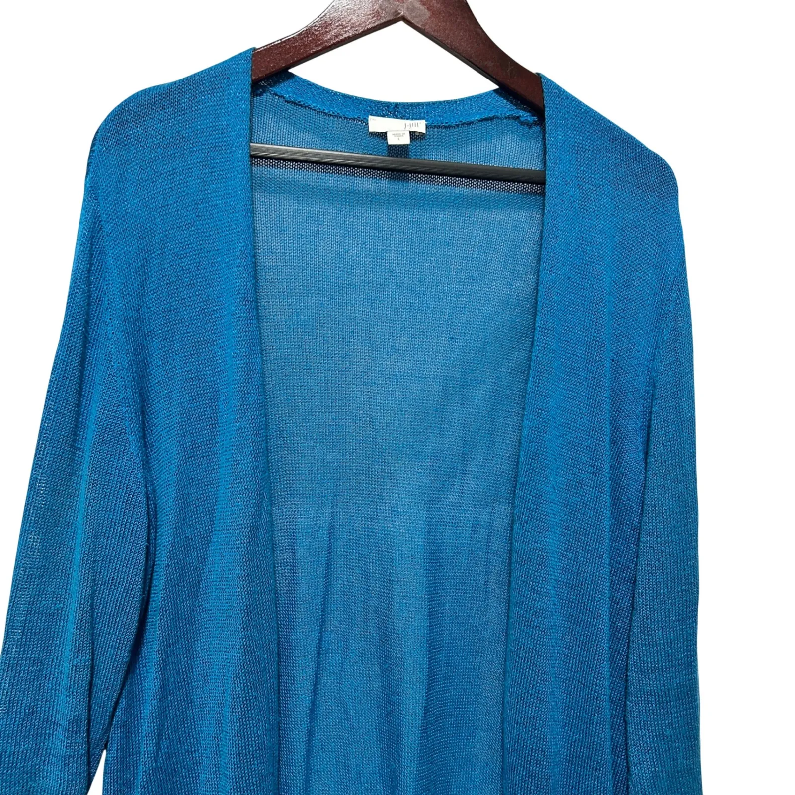 J Jill Women Open Front Duster Cardigan L Teal Linen Rayon Lightweight Layer - Image 3