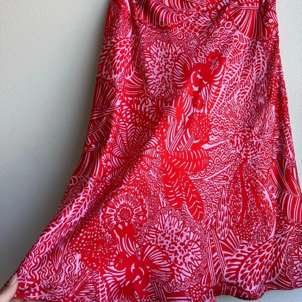 Ann Taylor 100% Silk Red Pink Abstract Floral Boho Romantic Knee Skirt Size 12 - Image 2