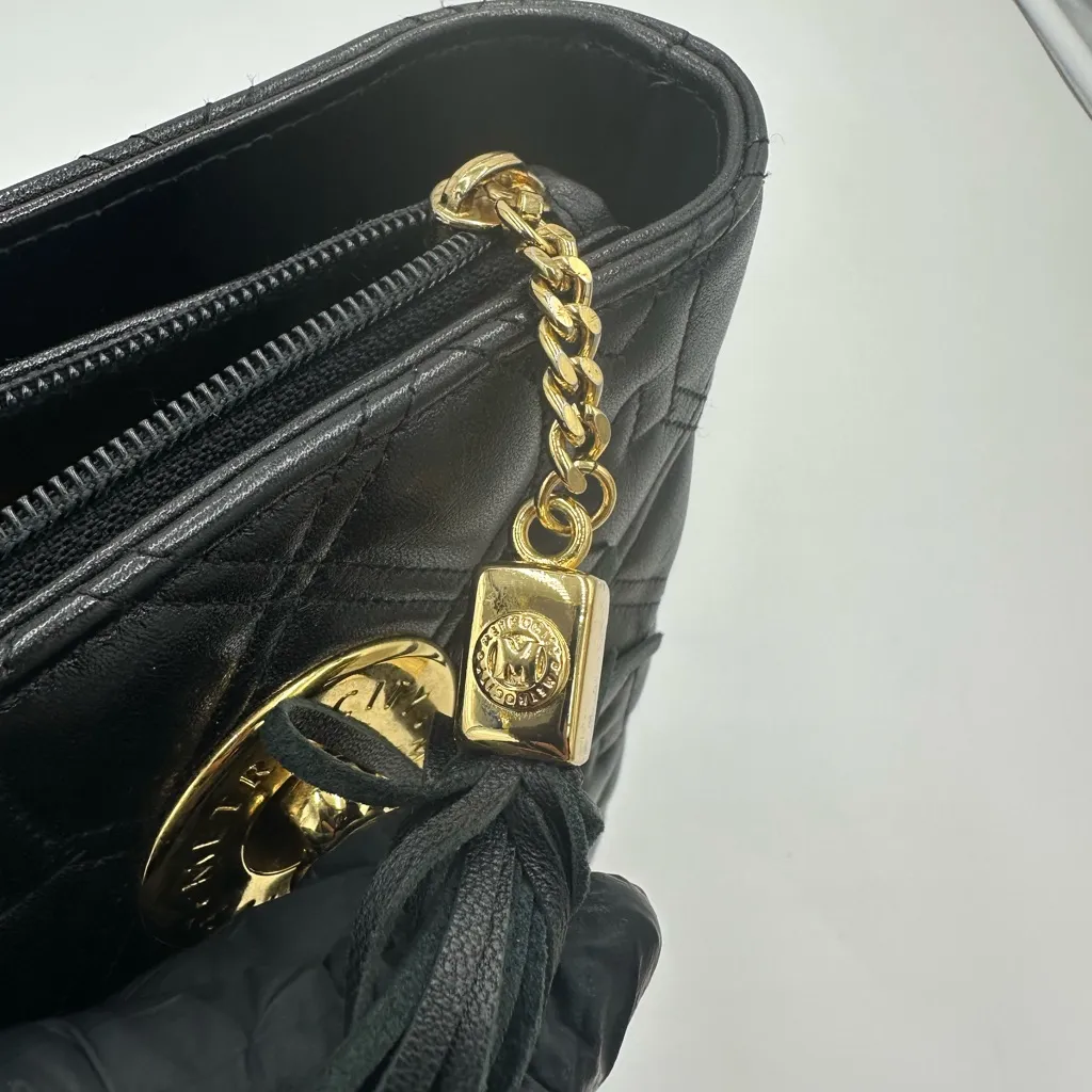 Black and Gold Leather Quilted Shoulder Bag - Image 12