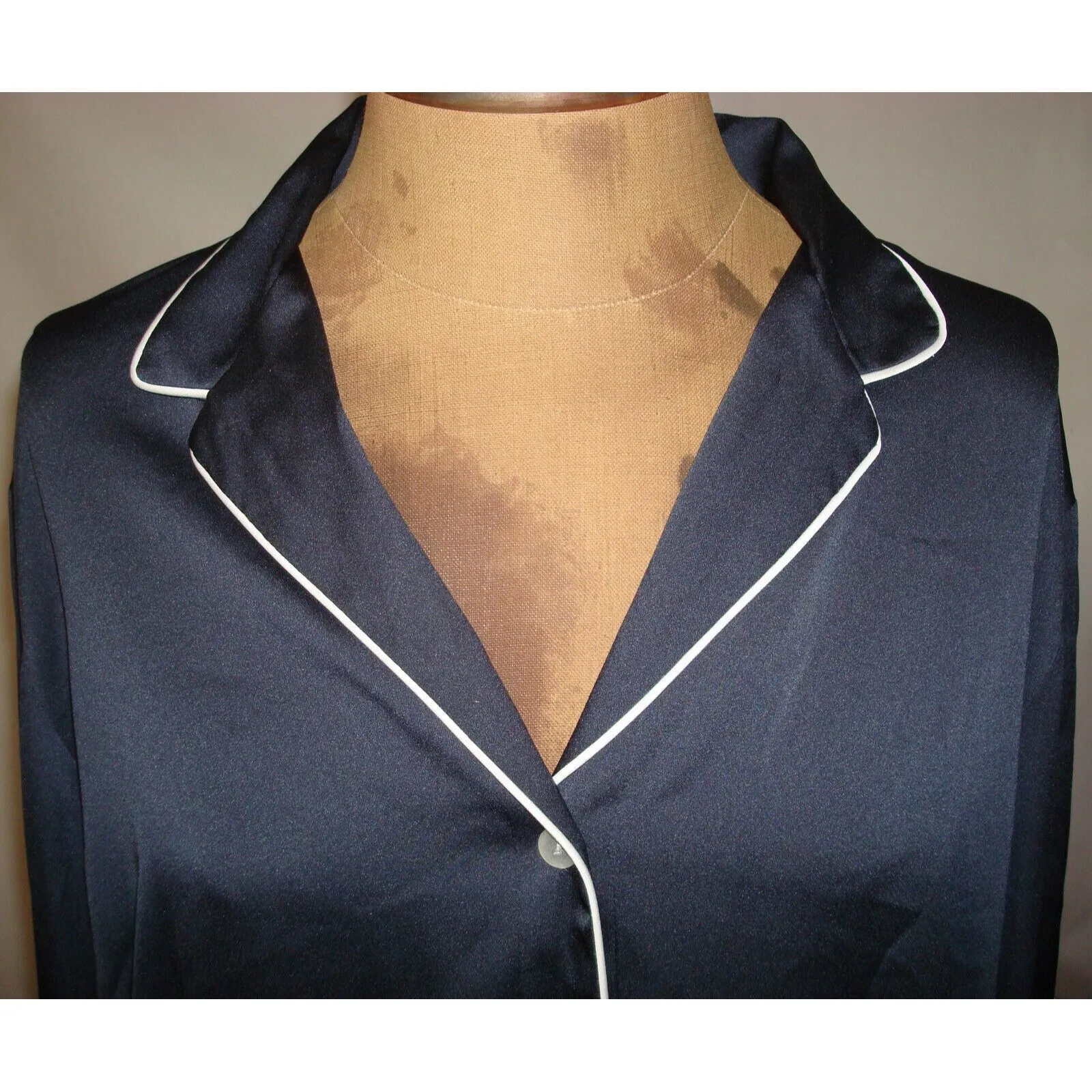 NWT New Designer Natori Womens M SleepShirt Cotton Dark Blue White Satin Silky - Image 2