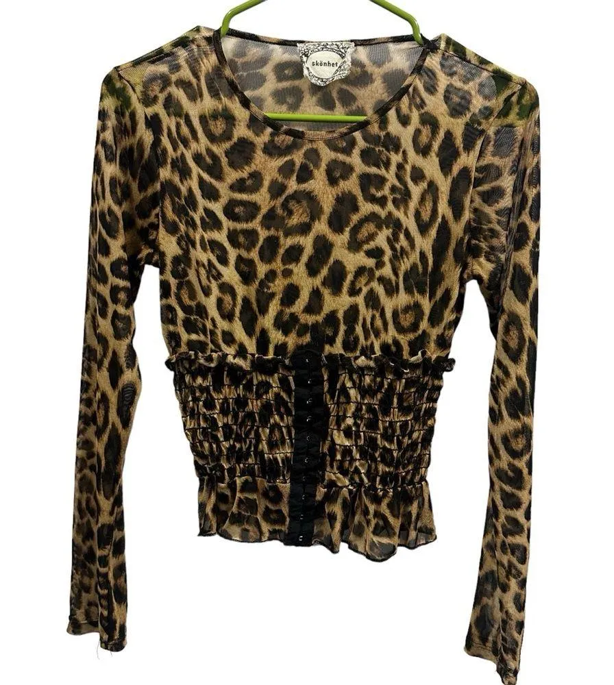 Skonhet Corset Waist Leopard Animal Print Semi Sheer Stretch Long Sleeve Top M Tan Size M - Image 6