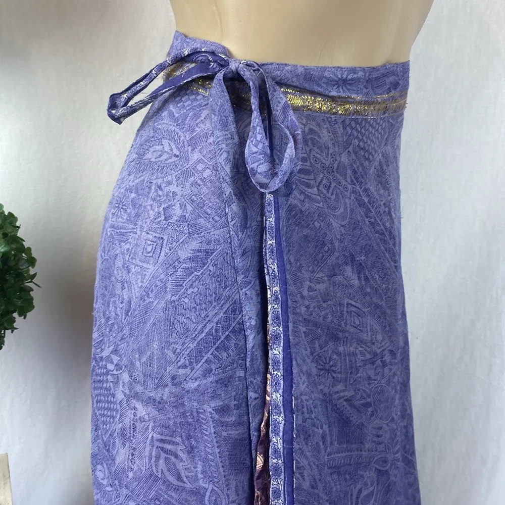 100% Silk Urban Nomad Print Wrap Tie Midi Mid Length Bohemian Skirt OS Blue Size undefined - Image 3
