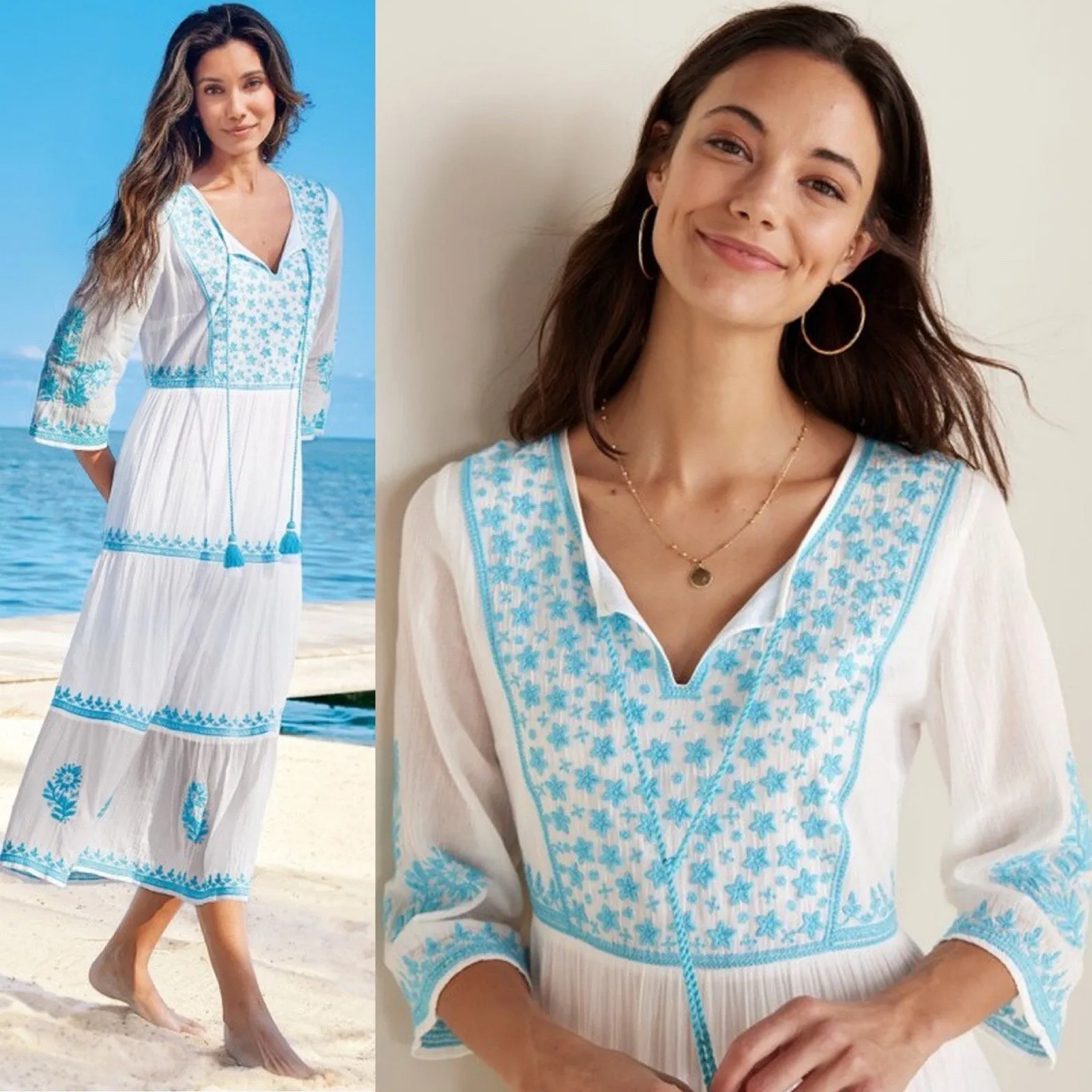 Soft Surroundings Juniper Midi Dress Sz Large Embroidered White Gauze Boho Chic - Image 6