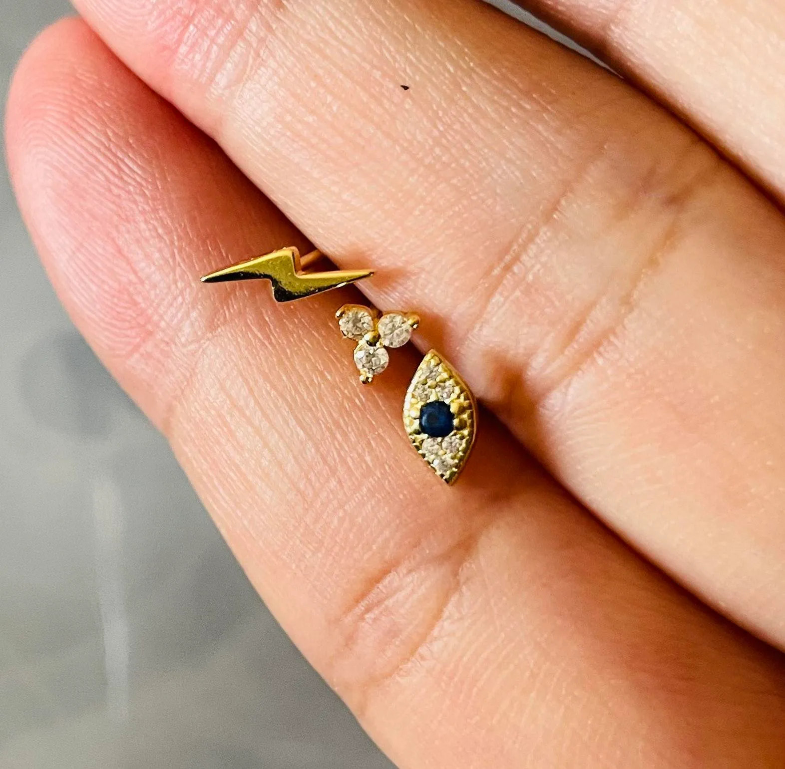 Set Of 3 Pairs / Evil Eye Studs + Lighting Studs +CZ Studs Gold - Image 5