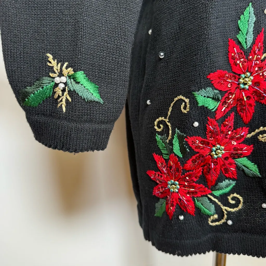 Basic Editions Holiday Sweater Cotton Blend Sequin Bead Embroidery Womens Large Black - Image 6