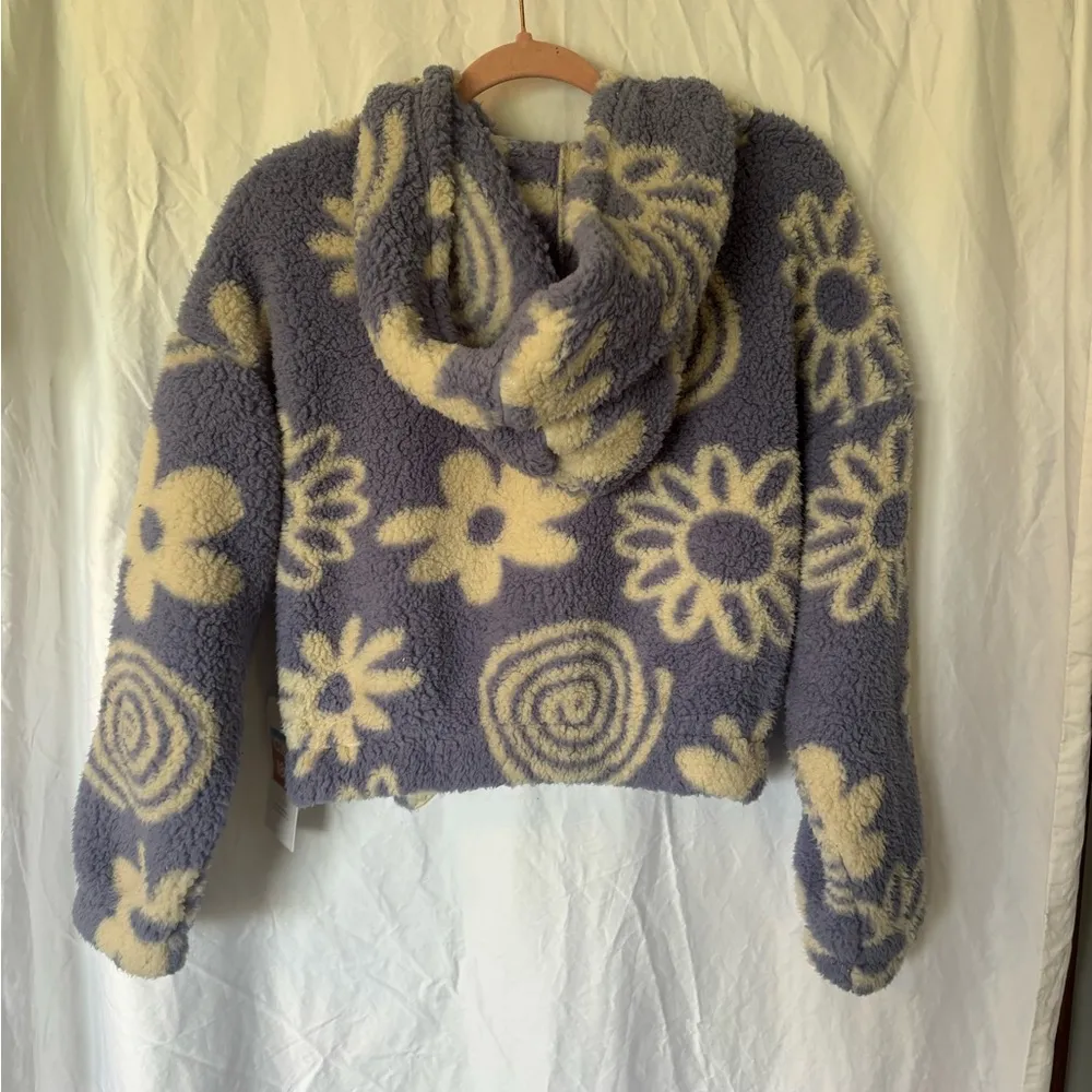 Cali1850 Printed Faux Sherling Cropped Hoodie Outerwear Winter Coat Jacket Purple - Image 8