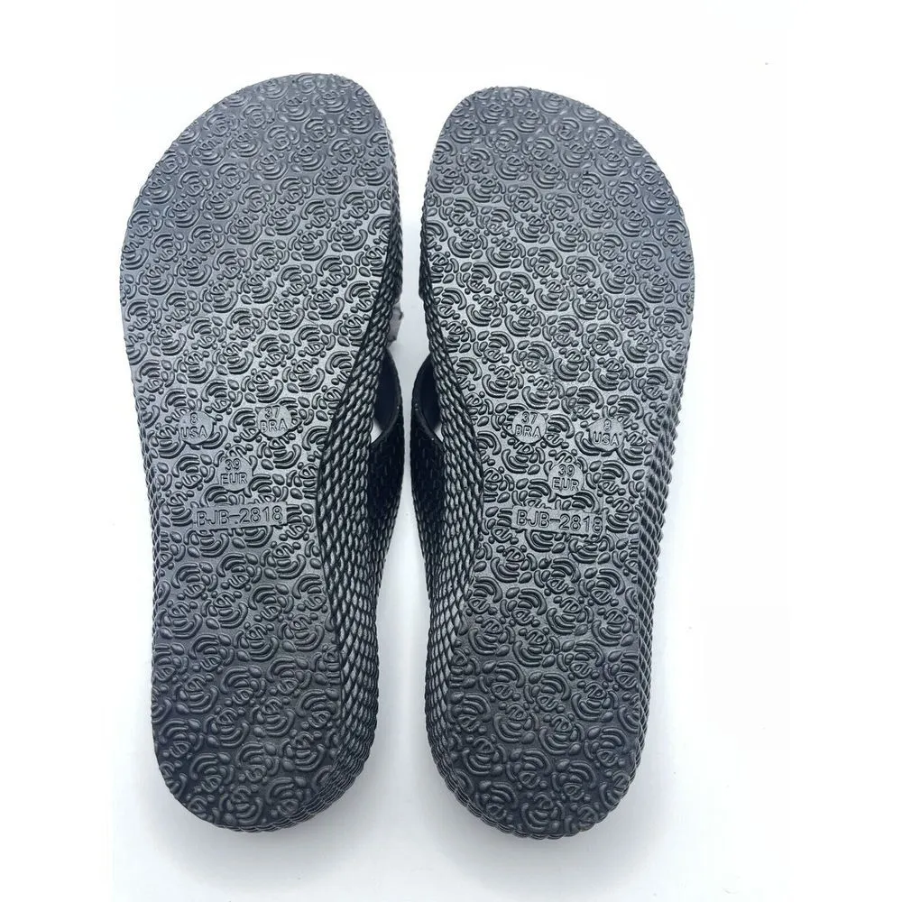 Ella Nicki Black Sandals Comfort Slider Flower Diamante Low Wedge Beach Casual 8 - Image 8