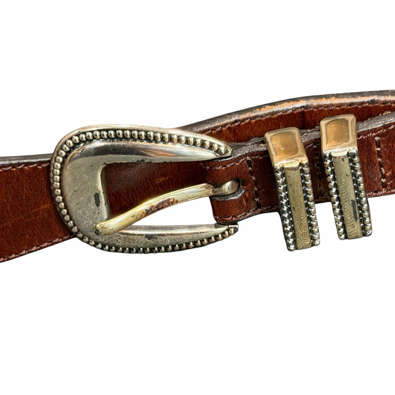 Vintage Latigo Leather Belt 34 Brown Antique Silver Concho Patina Braid Western - Image 8