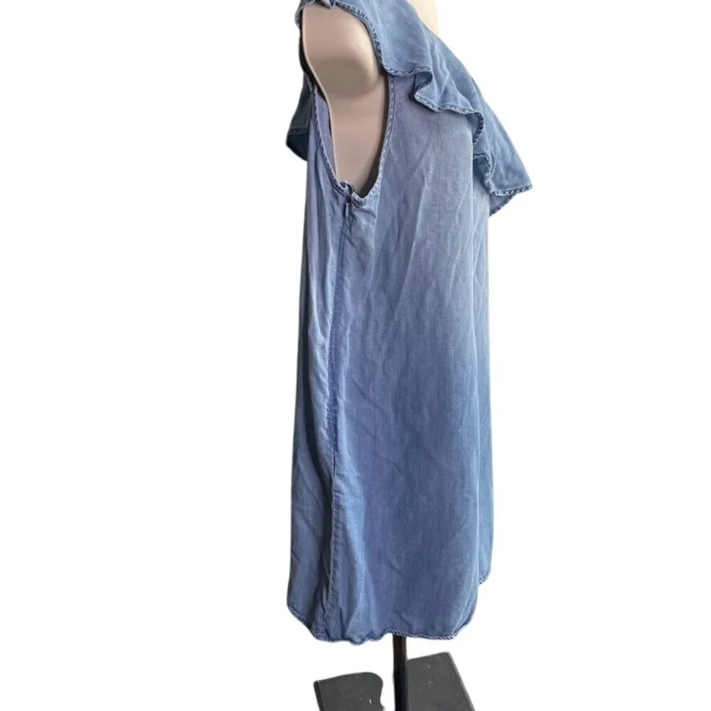 One Off Shoulder Denim Dress With Ruffle Trim Sid Zipper Closure c Size Small Blue - Image 5