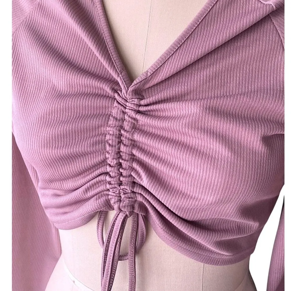 NWT ~ ROMWE Pink Ribbed Front Tie Cropped Long Sleeve Top ~ Women's Size LARGE - Image 5