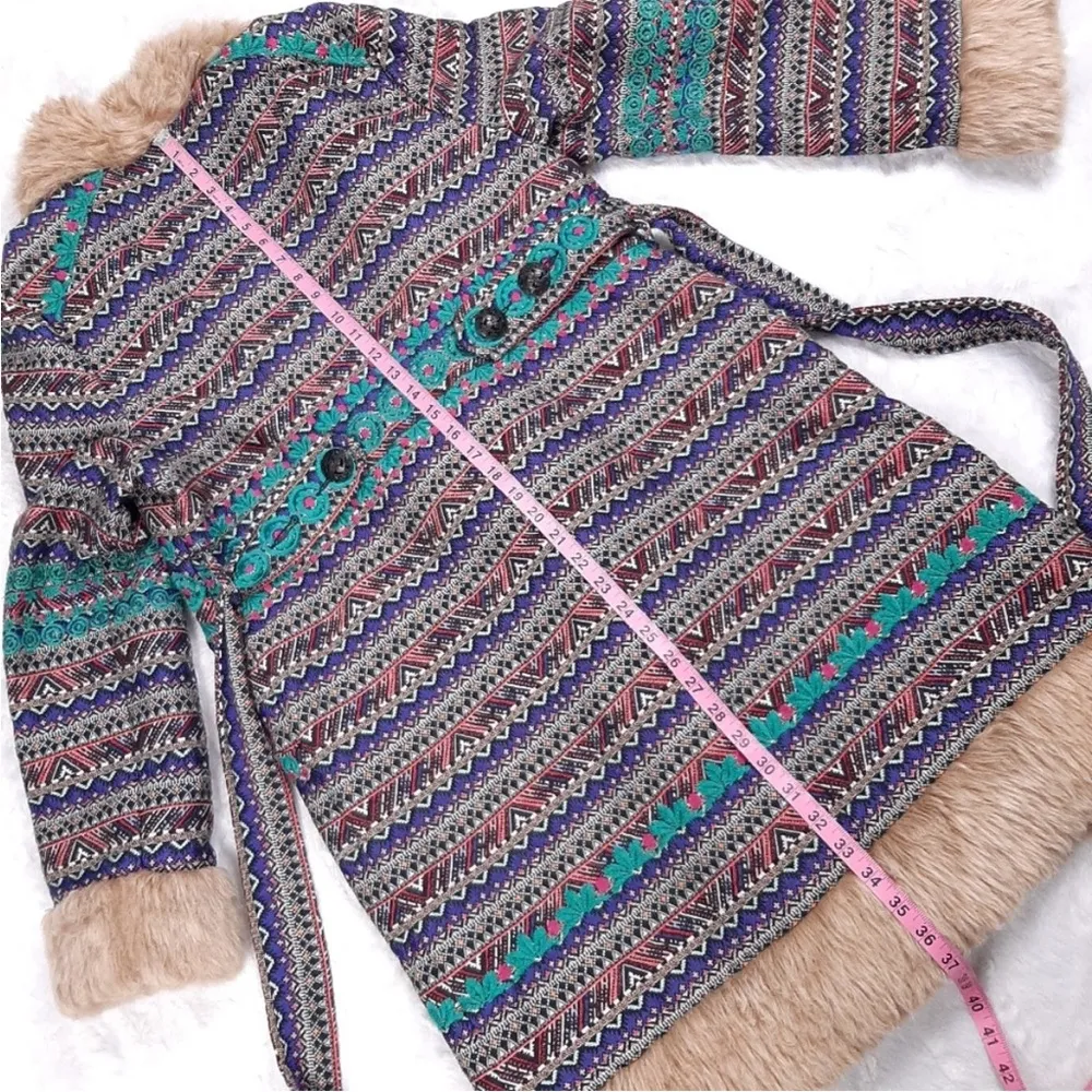 Sundance embroidered Tatou faux fur collar belted open front long coat boho - Image 6