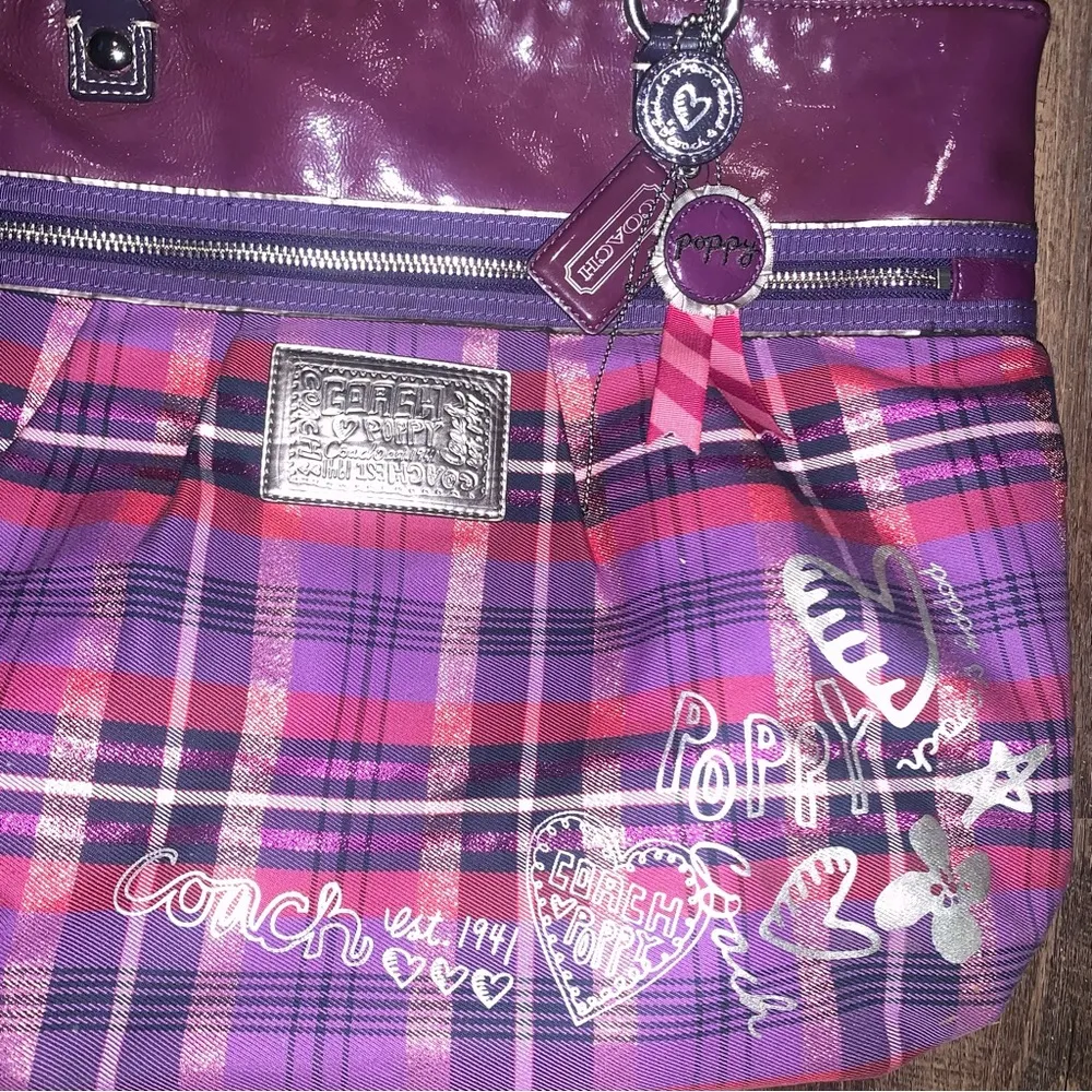 Coach Purple Poppy Tartan Plaid Vintage Tote Baby Purse with Hangtags attached - Image 5