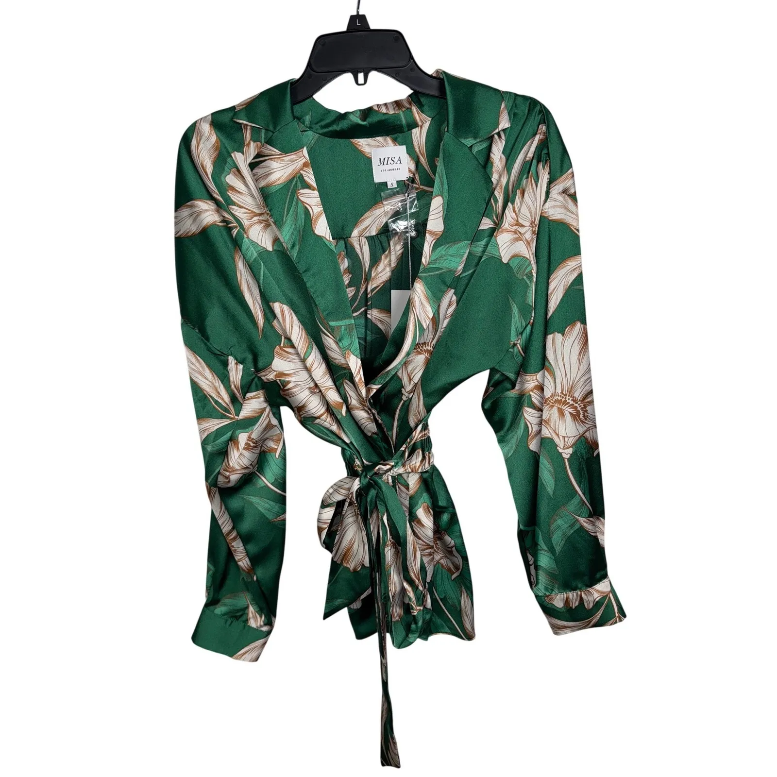 MISA Los Angeles Emerald Green Floral Print Satin Wrap Blouse Top Size S - Image 3